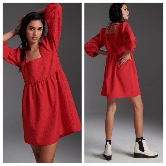 Anthropologie Dresses & Skirts - NEW Anthropologie Amadi Esther Square Neck Dress Red Small Balloon Sleeve